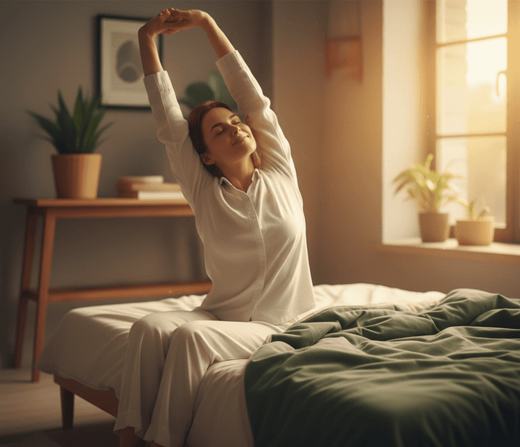 Vrouw die uitgeslapen wakker wordt